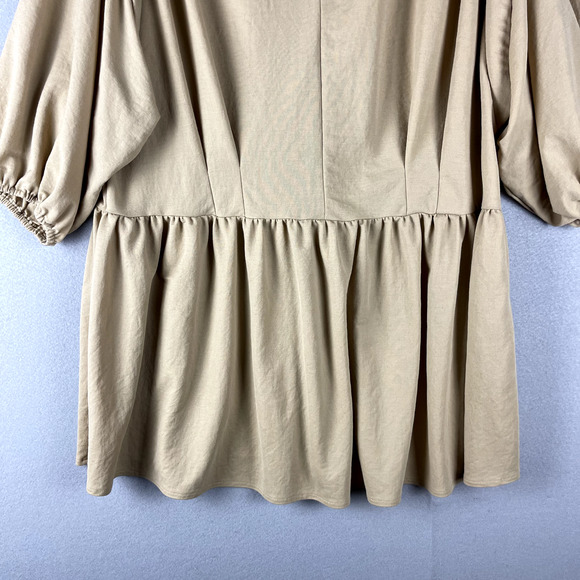 Mango Smock Mini Dress Women Large Tan V Neck Boho Relaxed Peasant Cottagagecore - Picture 5 of 14